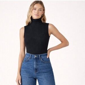 Forever 21 Black Ribbed Pointelle Knit Turtleneck Bodysuit Quiet Luxury Womens M